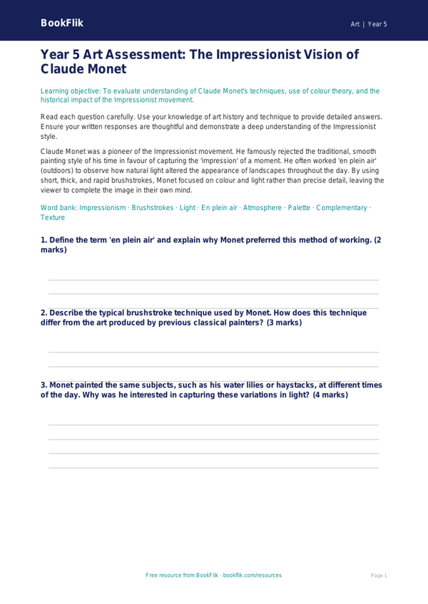 Free Monet Assessment | Year 5 Greater Depth | BookFlik worksheet preview — Art Monet