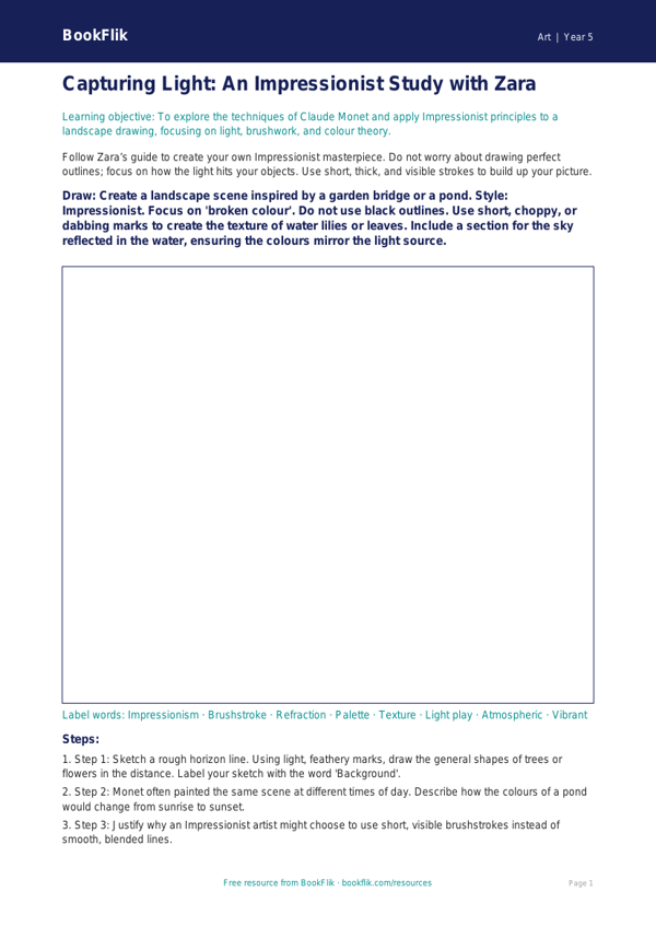 Free Monet Drawing Sheet | Year 5 Greater Depth | BookFlik worksheet preview — Art Monet