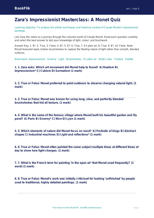 Free Monet Quiz | Year 5 Greater Depth | BookFlik worksheet preview — Art Monet
