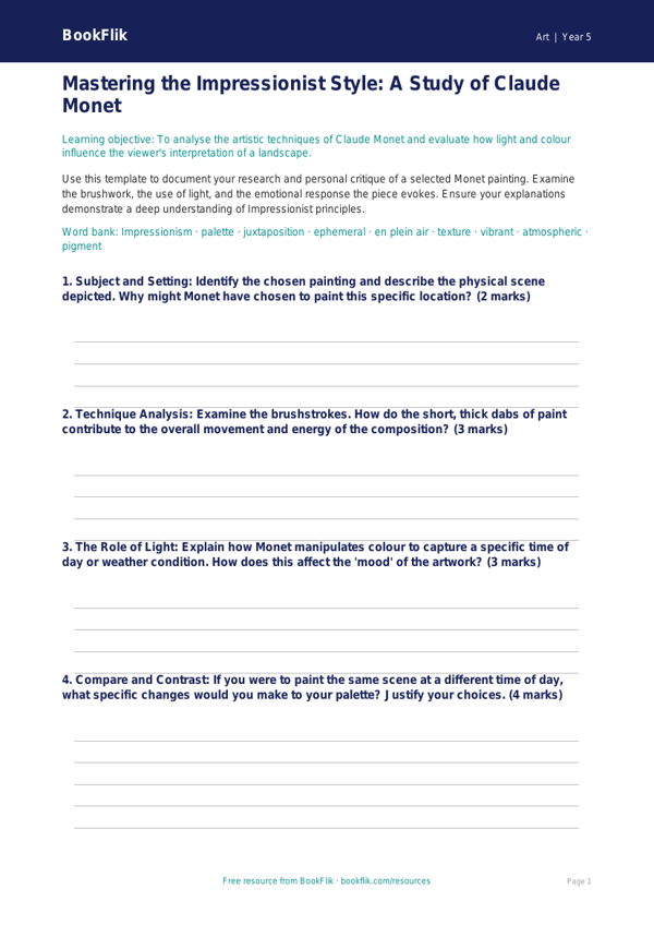 Free Monet Template | Year 5 Greater Depth | BookFlik worksheet preview — Art Monet