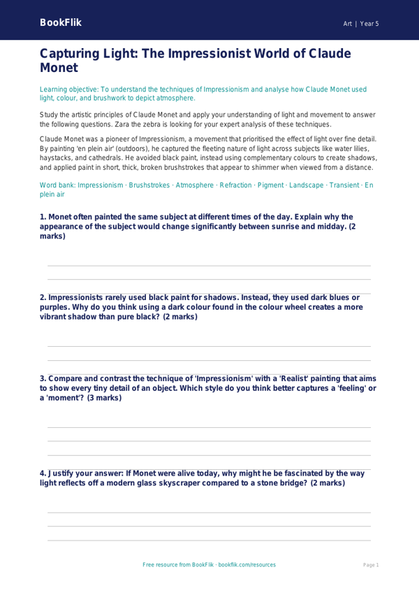 Free Monet Worksheet | Year 5 Greater Depth | BookFlik worksheet preview — Art Monet