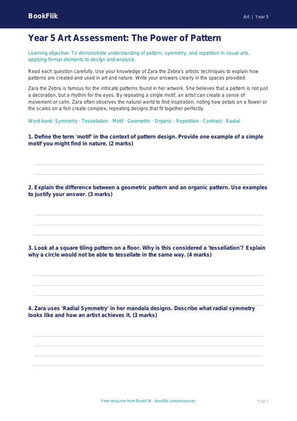Free Pattern Assessment | Year 5 Greater Depth | BookFlik worksheet preview — Art Pattern
