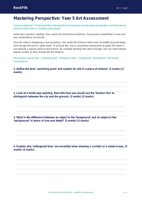 Free Perspective Assessment | Year 5 Greater Depth | BookFlik worksheet preview — Art Perspective