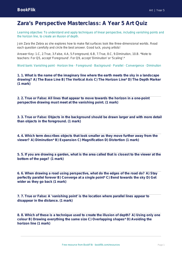 Free Perspective Quiz | Year 5 Greater Depth | BookFlik worksheet preview — Art Perspective