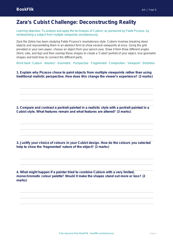Free Picasso Activity Sheet | Year 5 Greater Depth | BookFlik worksheet preview — Art Picasso