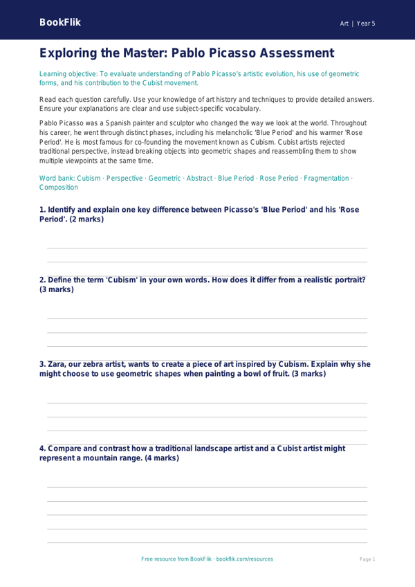 Free Picasso Assessment | Year 5 Greater Depth | BookFlik worksheet preview — Art Picasso