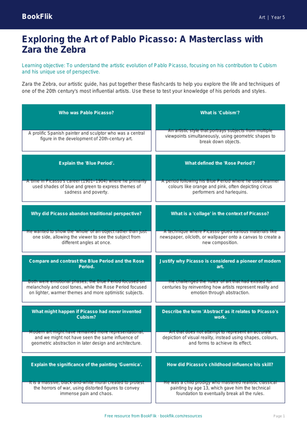Free Picasso Flashcards | Year 5 Greater Depth | BookFlik worksheet preview — Art Picasso