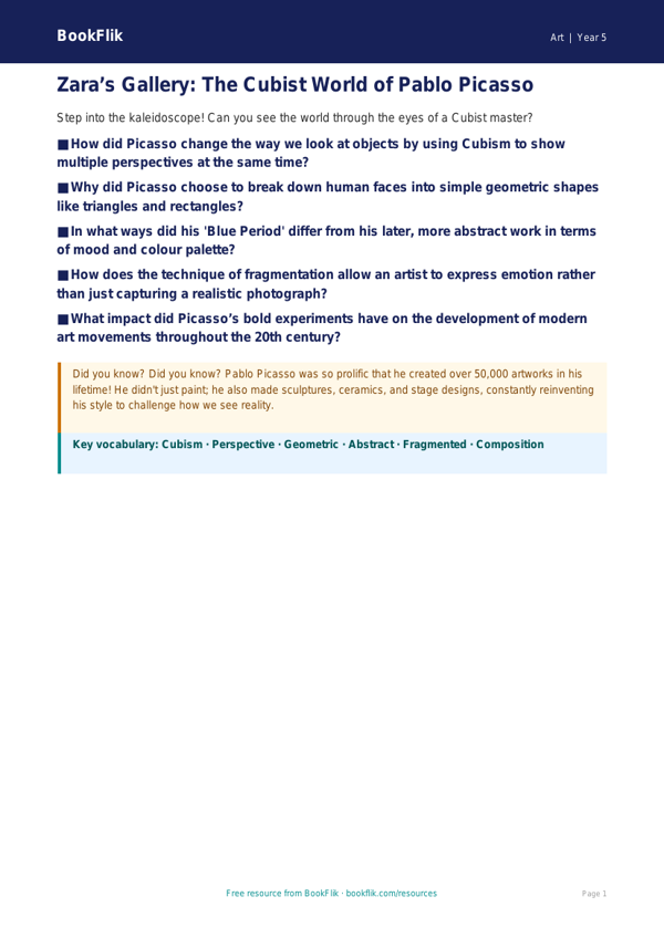 Free Picasso Poster | Year 5 Greater Depth | BookFlik worksheet preview — Art Picasso
