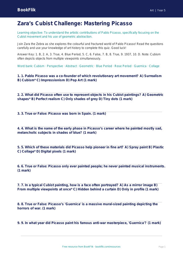 Free Picasso Quiz | Year 5 Greater Depth | BookFlik worksheet preview — Art Picasso