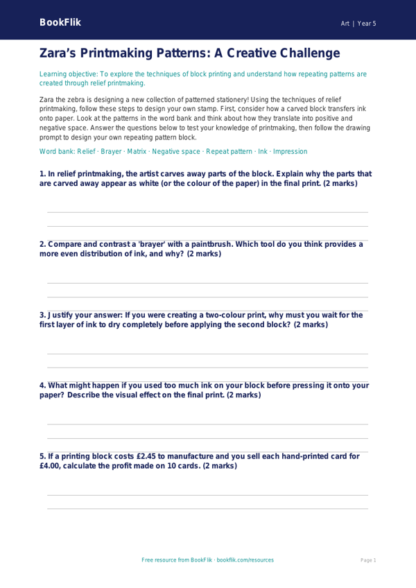 Free Printmaking Activity Sheet | Year 5 Greater Depth | BookFlik worksheet preview — Art Printmaking