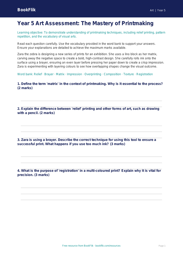 Free Printmaking Assessment | Year 5 Greater Depth | BookFlik worksheet preview — Art Printmaking