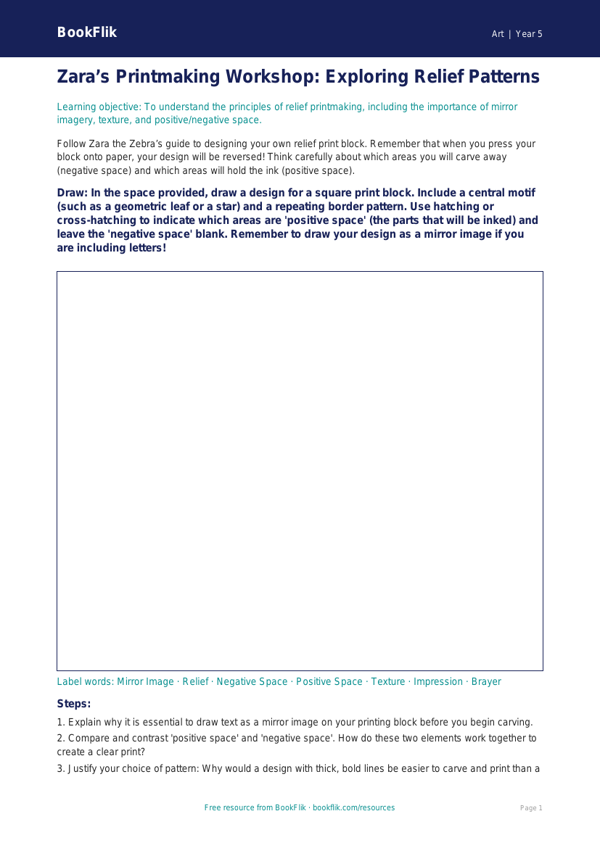 Free Printmaking Drawing Sheet | Year 5 Greater Depth | BookFlik worksheet preview — Art Printmaking