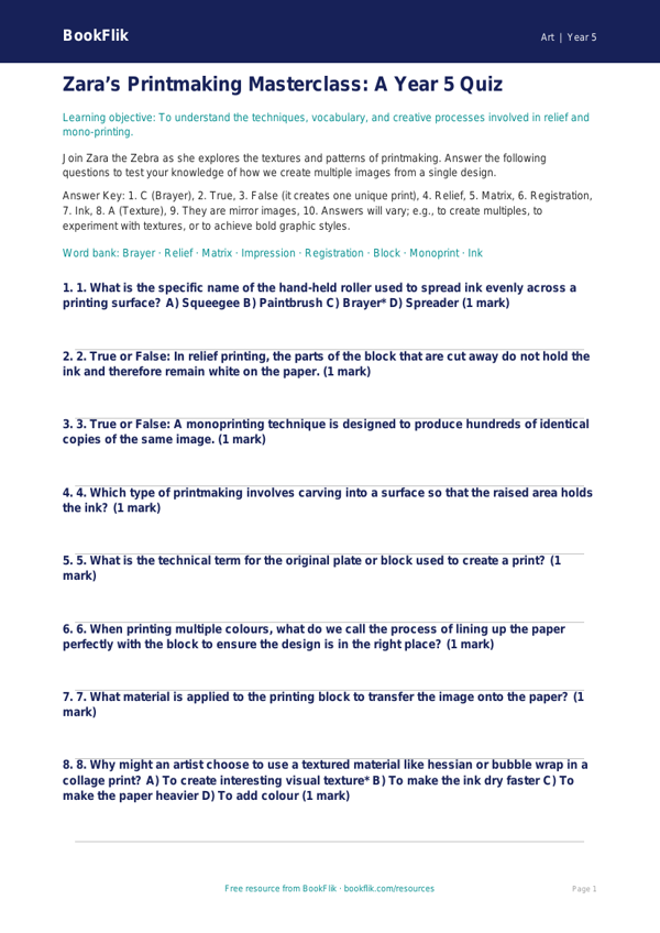 Free Printmaking Quiz | Year 5 Greater Depth | BookFlik worksheet preview — Art Printmaking