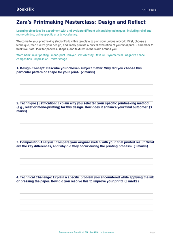 Free Printmaking Template | Year 5 Greater Depth | BookFlik worksheet preview — Art Printmaking