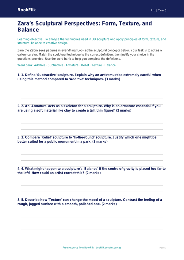 Free Sculpture Activity Sheet | Year 5 Greater Depth | BookFlik worksheet preview — Art Sculpture