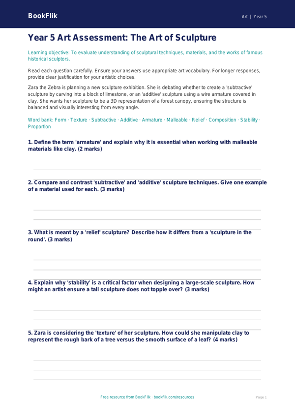 Free Sculpture Assessment | Year 5 Greater Depth | BookFlik worksheet preview — Art Sculpture
