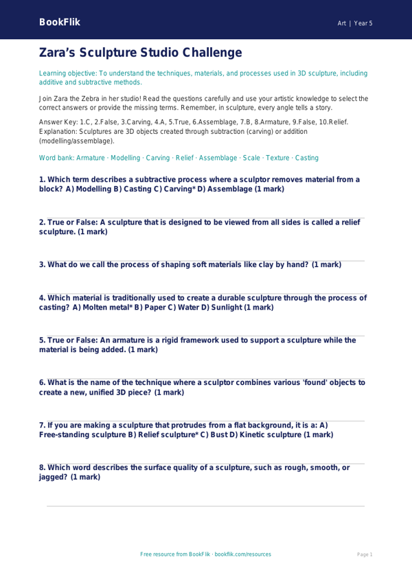 Free Sculpture Quiz | Year 5 Greater Depth | BookFlik worksheet preview — Art Sculpture