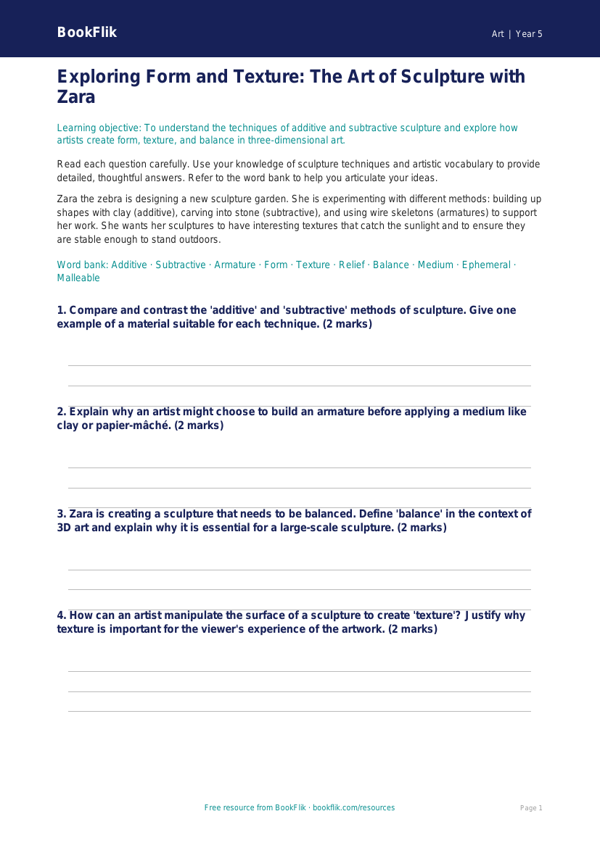 Free Sculpture Worksheet | Year 5 Greater Depth | BookFlik worksheet preview — Art Sculpture