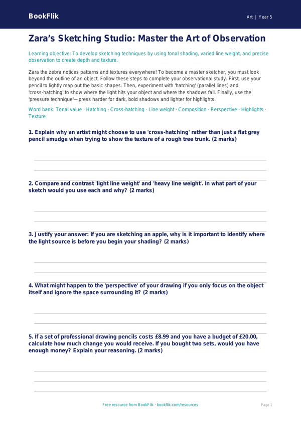 Free Sketching Activity Sheet | Year 5 Greater Depth | BookFlik worksheet preview — Art Sketching