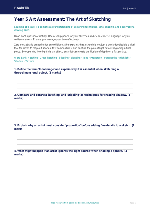Free Sketching Assessment | Year 5 Greater Depth | BookFlik worksheet preview — Art Sketching