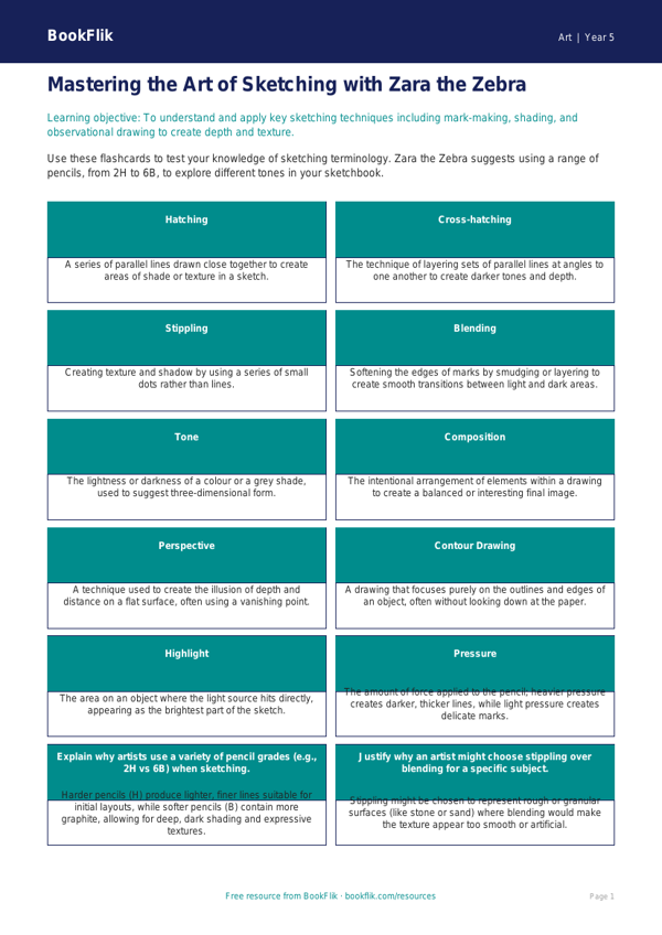 Free Sketching Flashcards | Year 5 Greater Depth | BookFlik worksheet preview — Art Sketching