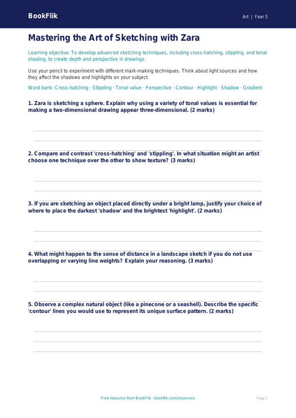 Free Sketching Worksheet | Year 5 Greater Depth | BookFlik worksheet preview — Art Sketching