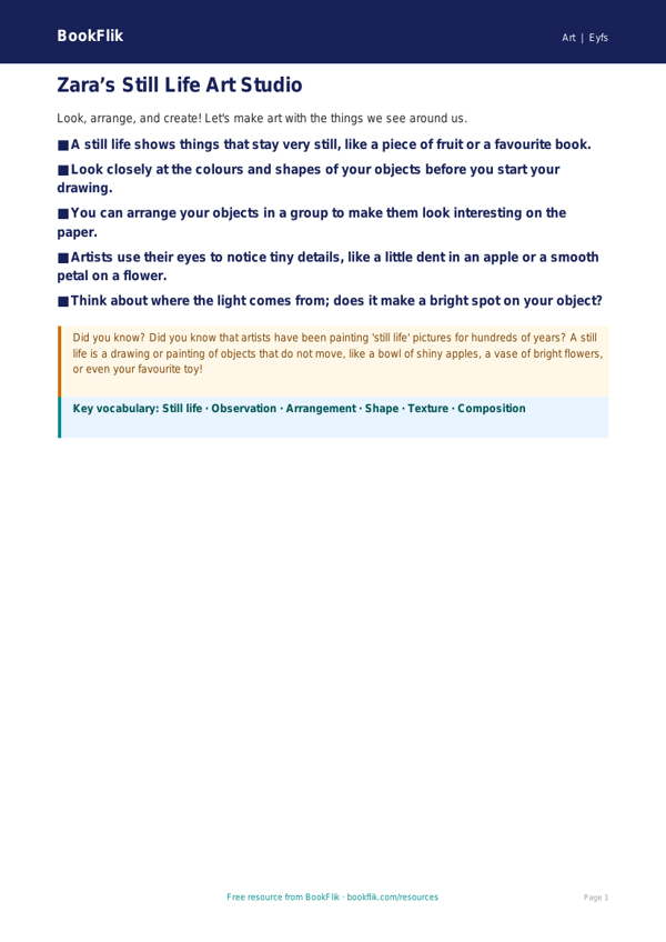 Free Still Life Poster | EYFS Core | BookFlik worksheet preview — Art Still Life