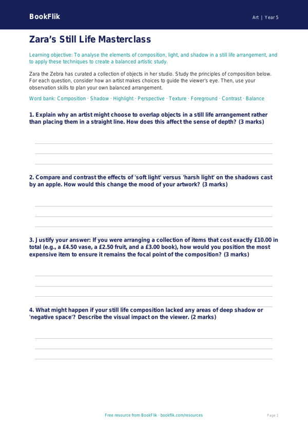Free Still Life Activity Sheet | Year 5 Greater Depth | BookFlik worksheet preview — Art Still Life
