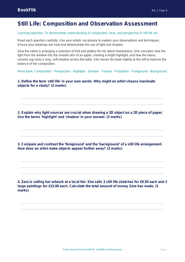 Free Still Life Assessment | Year 5 Greater Depth | BookFlik worksheet preview — Art Still Life