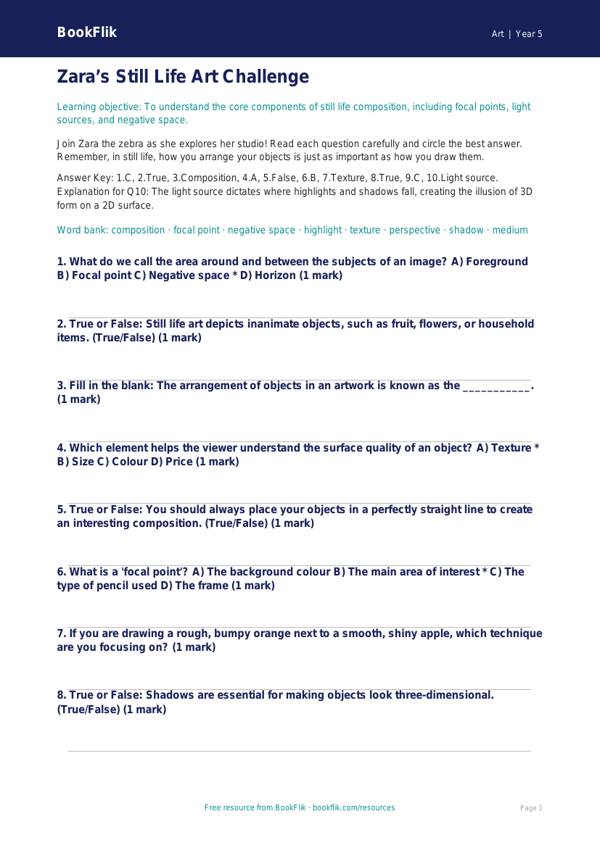 Free Still Life Quiz | Year 5 Greater Depth | BookFlik worksheet preview — Art Still Life