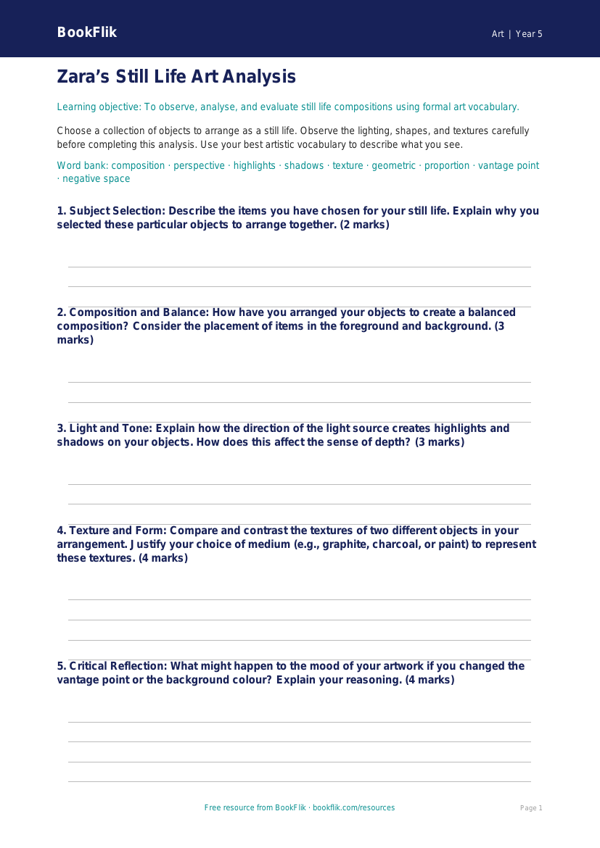 Free Still Life Template | Year 5 Greater Depth | BookFlik worksheet preview — Art Still Life