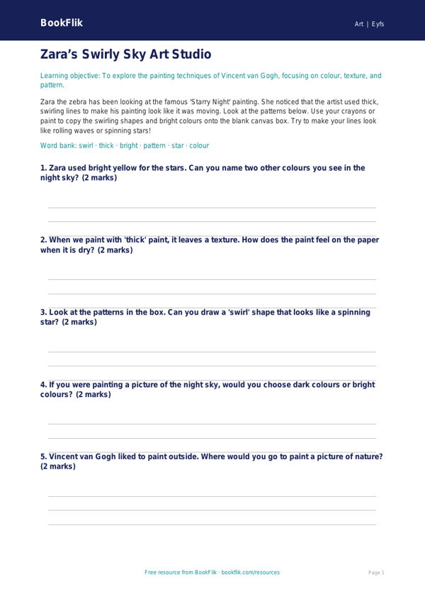 Free Van Gogh Activity Sheet | EYFS Core | BookFlik worksheet preview — Art Van Gogh