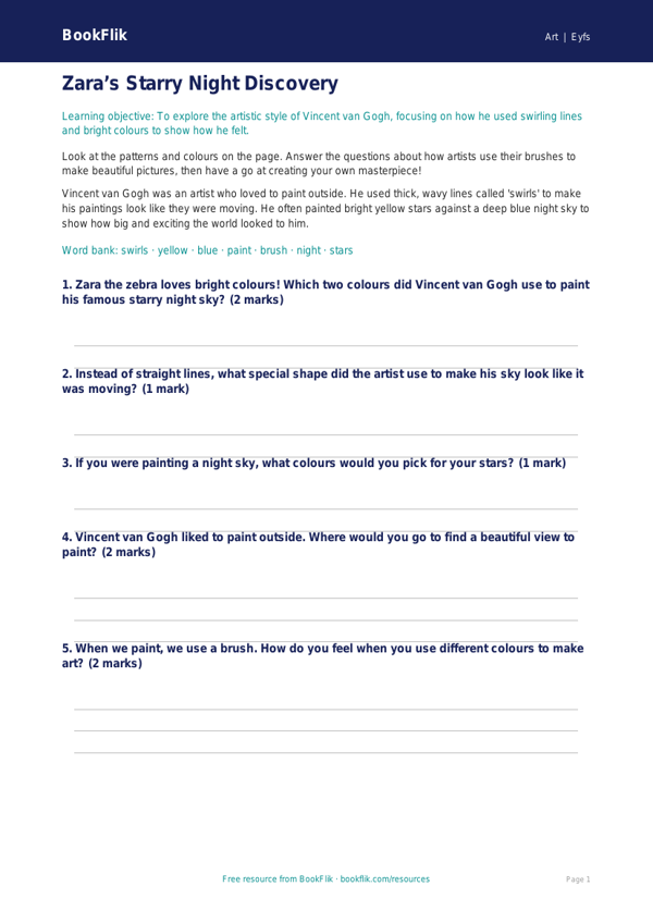 Free Van Gogh Worksheet | EYFS Core | BookFlik worksheet preview — Art Van Gogh