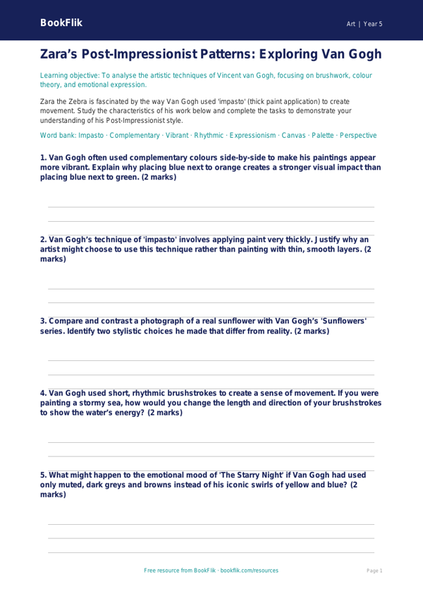Free Van Gogh Activity Sheet | Year 5 Greater Depth | BookFlik worksheet preview — Art Van Gogh