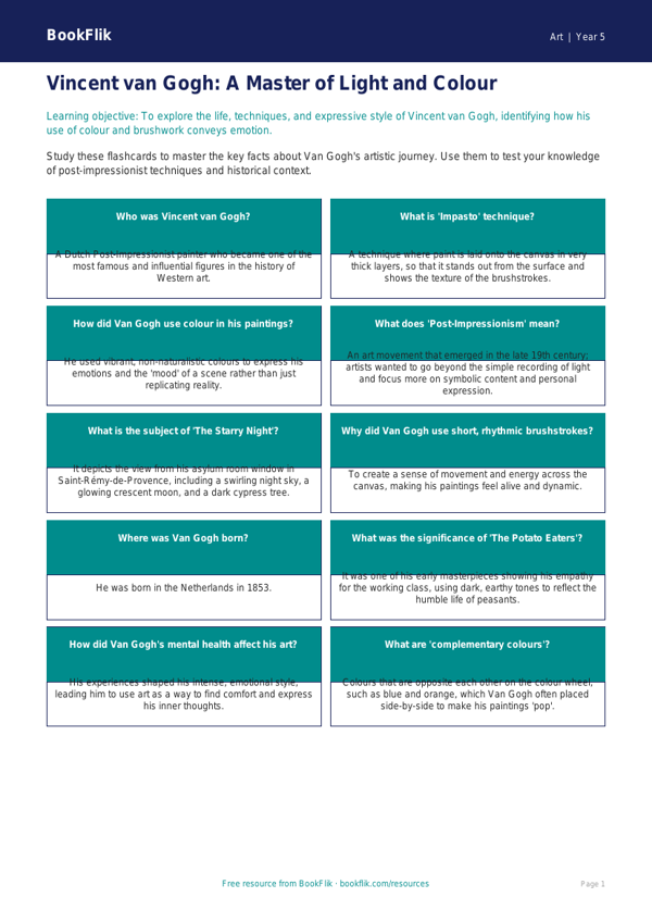 Free Van Gogh Flashcards | Year 5 Greater Depth | BookFlik worksheet preview — Art Van Gogh