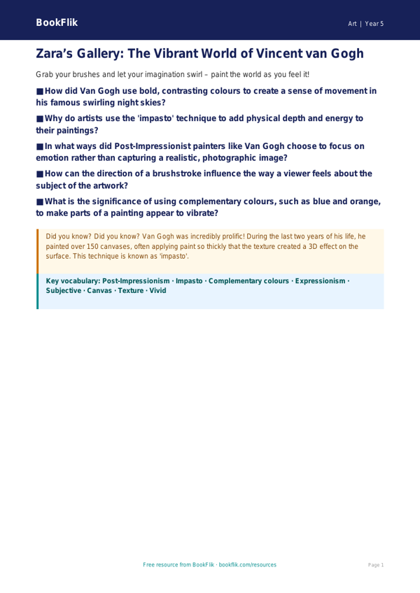 Free Van Gogh Poster | Year 5 Greater Depth | BookFlik worksheet preview — Art Van Gogh