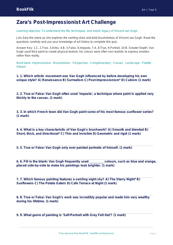 Free Van Gogh Quiz | Year 5 Greater Depth | BookFlik worksheet preview — Art Van Gogh