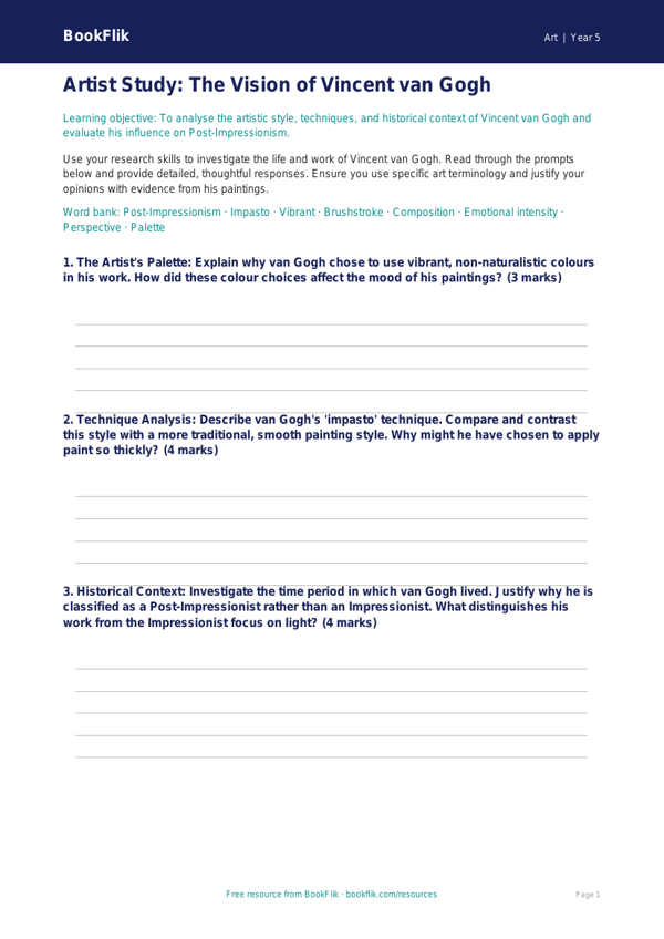 Free Van Gogh Template | Year 5 Greater Depth | BookFlik worksheet preview — Art Van Gogh