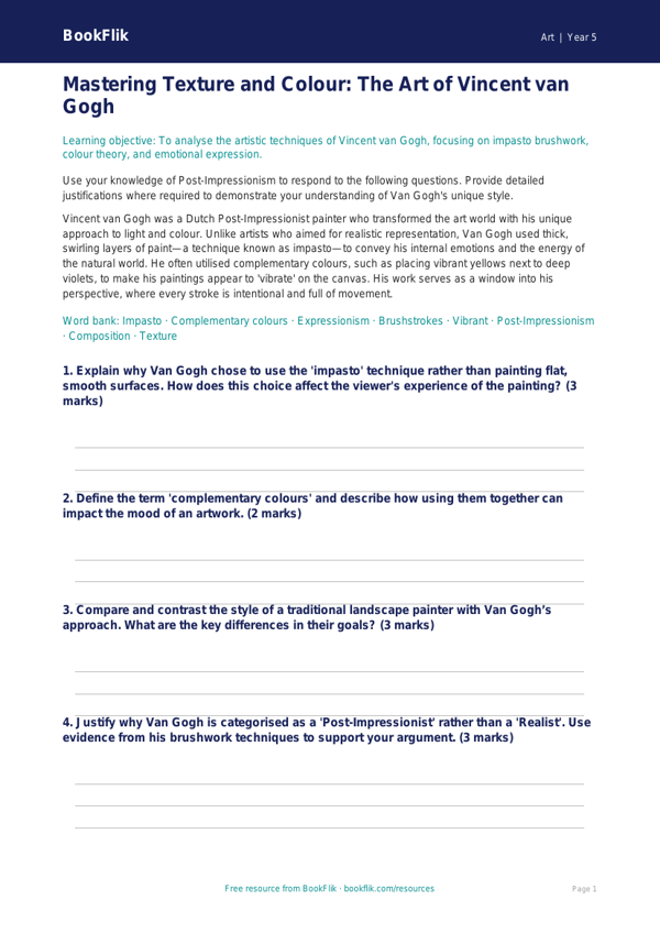 Free Van Gogh Worksheet | Year 5 Greater Depth | BookFlik worksheet preview — Art Van Gogh