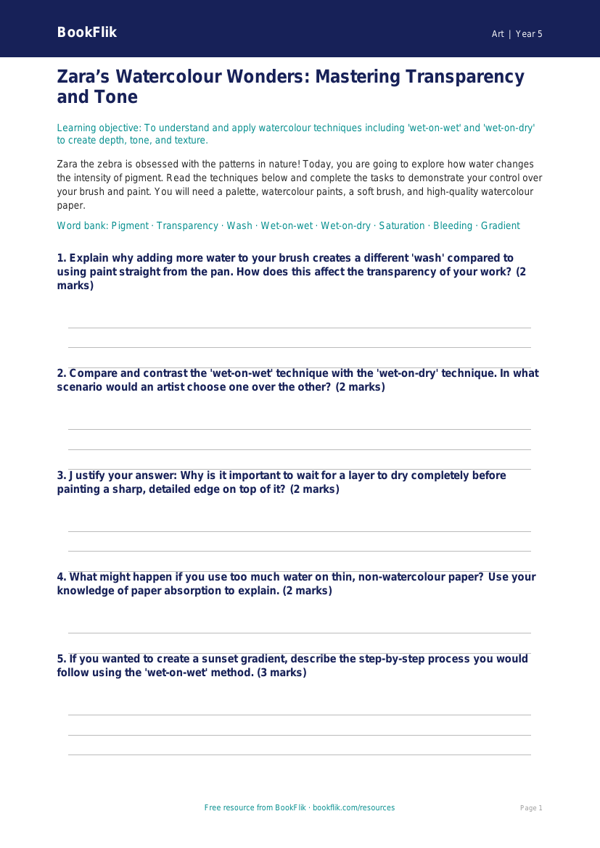Free Watercolour Activity Sheet | Year 5 Greater Depth | BookFlik worksheet preview — Art Watercolour