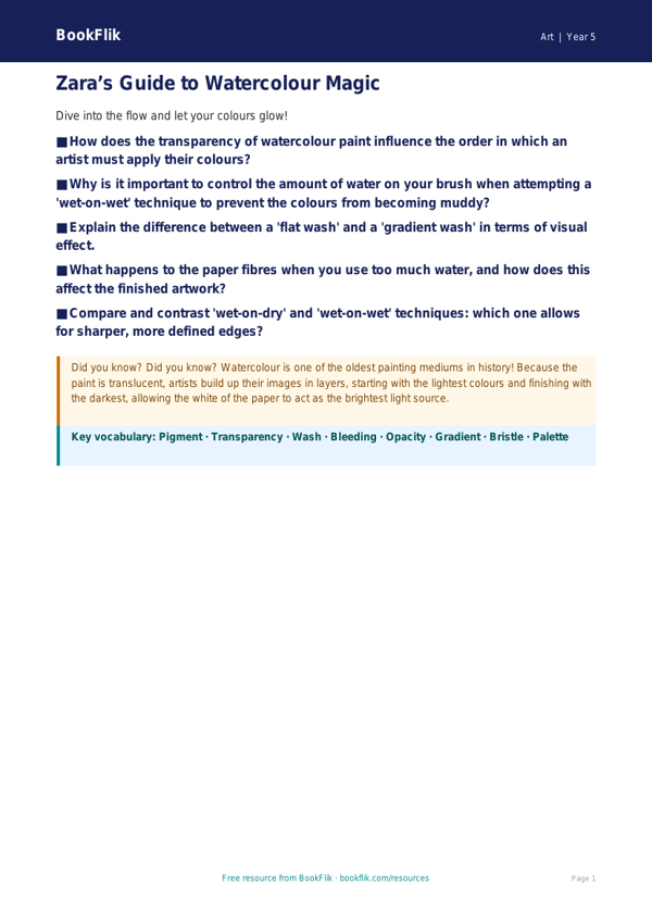 Free Watercolour Poster | Year 5 Greater Depth | BookFlik worksheet preview — Art Watercolour