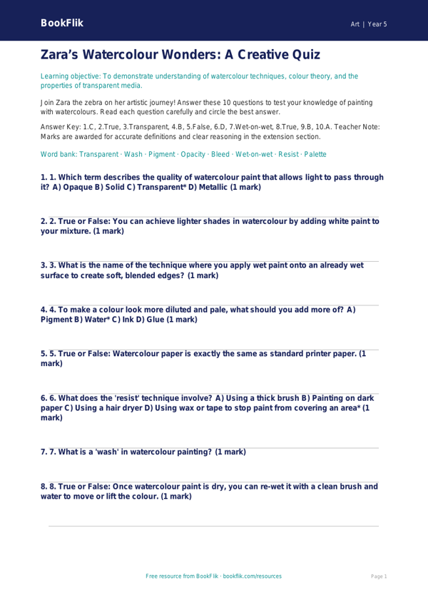 Free Watercolour Quiz | Year 5 Greater Depth | BookFlik worksheet preview — Art Watercolour