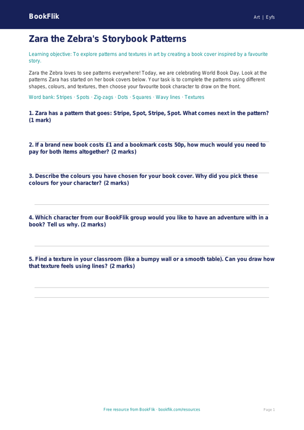 Free World Book Day Art Activity Sheet | EYFS Core | BookFlik worksheet preview — Art World Book Day Art