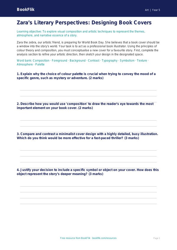 Free World Book Day Art Activity Sheet | Year 5 Greater Depth | BookFlik worksheet preview — Art World Book Day Art