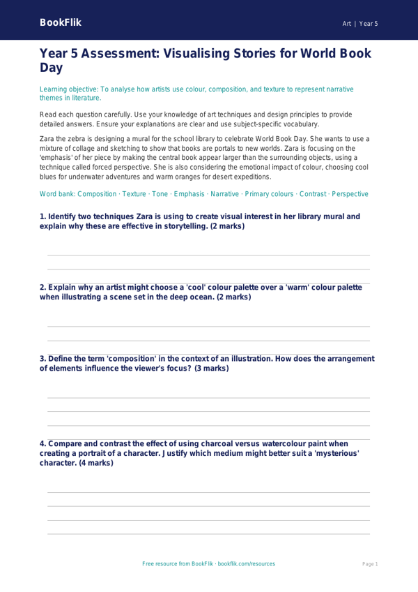 Free World Book Day Art Assessment | Year 5 Greater Depth | BookFlik worksheet preview — Art World Book Day Art