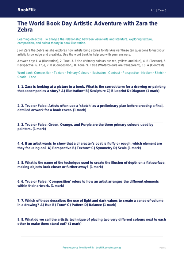 Free World Book Day Art Quiz | Year 5 Greater Depth | BookFlik worksheet preview — Art World Book Day Art