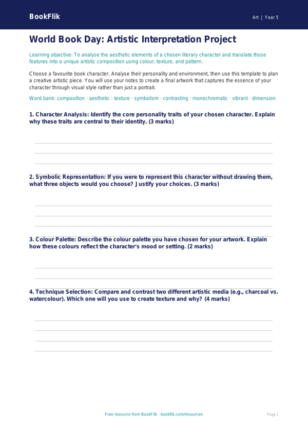 Free World Book Day Art Template | Year 5 Greater Depth | BookFlik worksheet preview — Art World Book Day Art