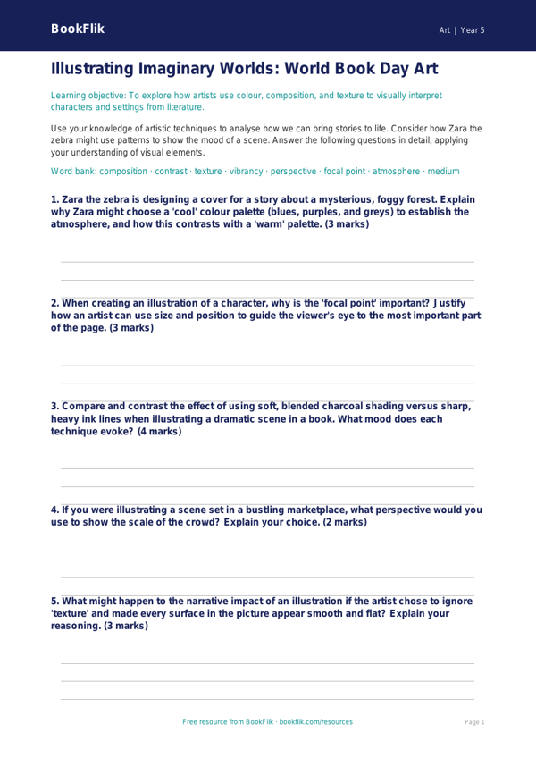 Free World Book Day Art Worksheet | Year 5 Greater Depth | BookFlik worksheet preview — Art World Book Day Art