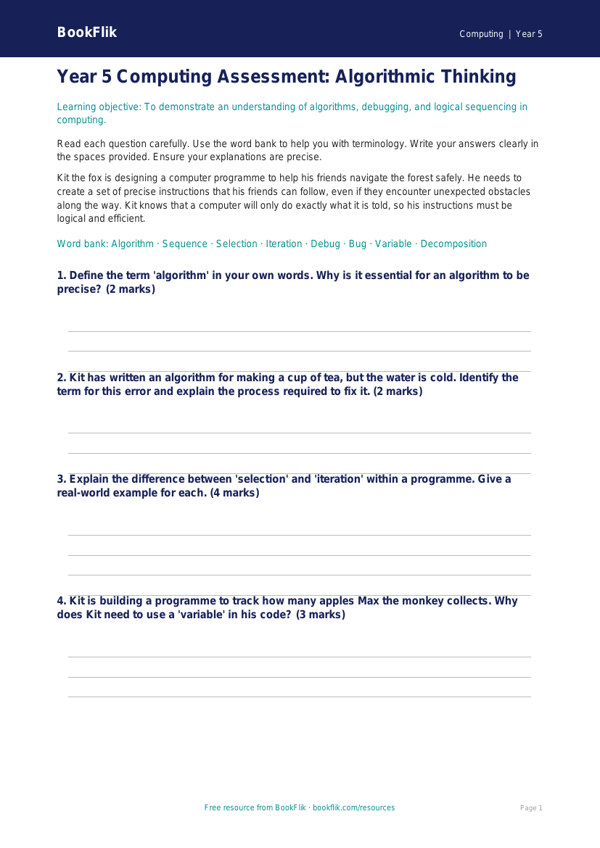 Free Algorithms Assessment | Year 5 Greater Depth | BookFlik worksheet preview — Computing Algorithms