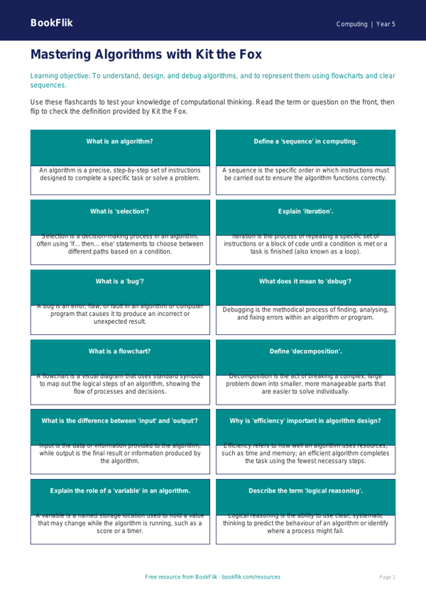 Free Algorithms Flashcards | Year 5 Greater Depth | BookFlik worksheet preview — Computing Algorithms